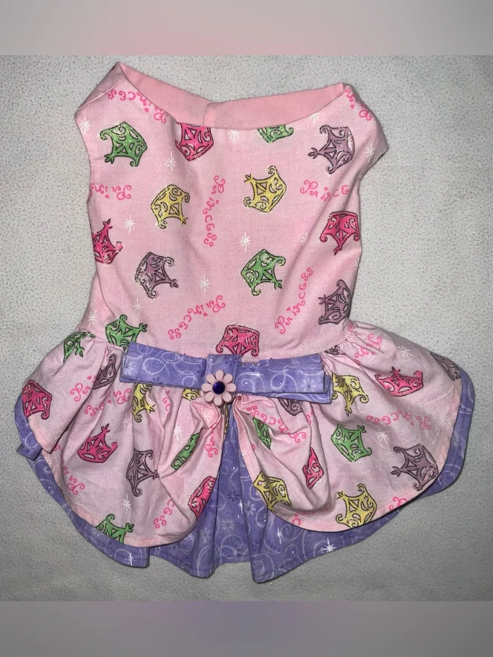 Pink Princess Crown Boutique Custom Made Dog Dress with Purple Bow